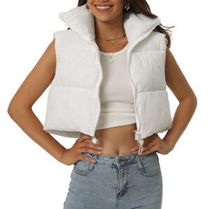 Crop Puffer Vest Lightweight Stand Collar Sleeveless Padded Gilet Coat White